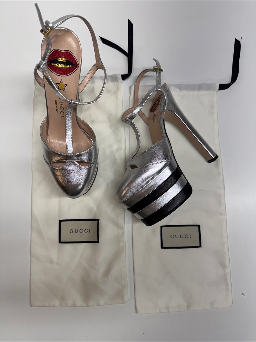 Gucci Angel Platform Pumps High Heels Shoes Ankle Strap Strappy Leather Silver 6